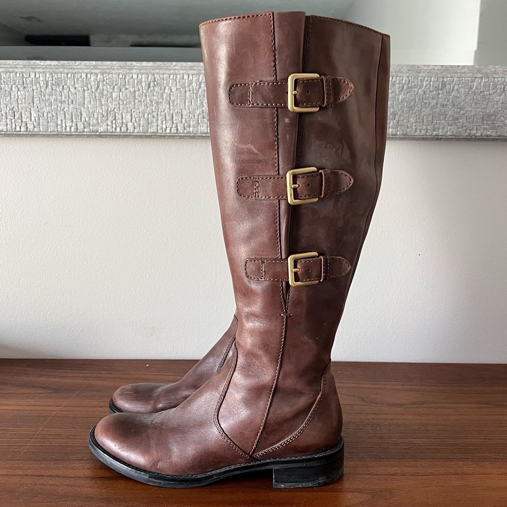 Ecco Leather Tall Riding Boots Brown Buckle Strap Knee High Women's 39 - Picture 4 of 9